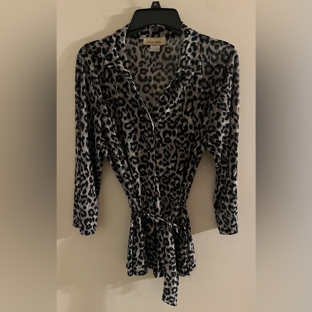 Davina Button Down Animal Print Blouse With Belt, Sleeves Can Be Cuffed Up, XL